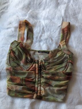 Zara Green and Rust Ruched Tie-Front Crop Top